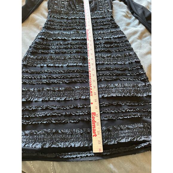 Vintage Tadashi‎ Black Mini Dress Long Sleeve Mesh Ruffle Trim Party Cocktail - Picture 8 of 11
